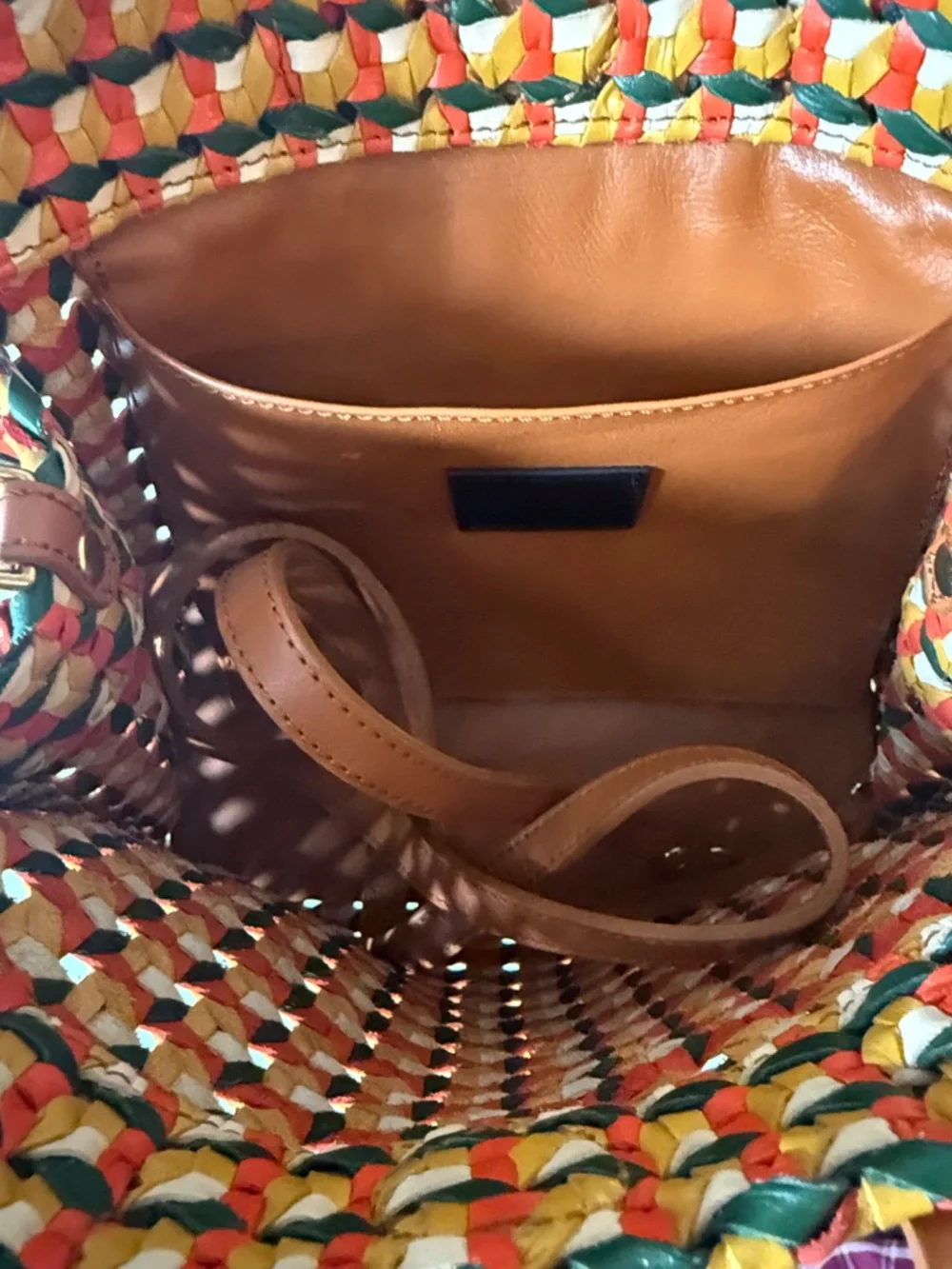 Clare V Multicolor Woven Tote in Red, Yellow & Green with Brown Handles - Picture 13 of 13